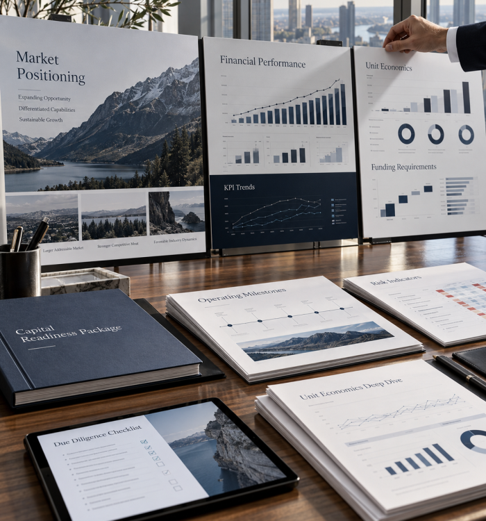 Investor presentation materials and financial charts on a table