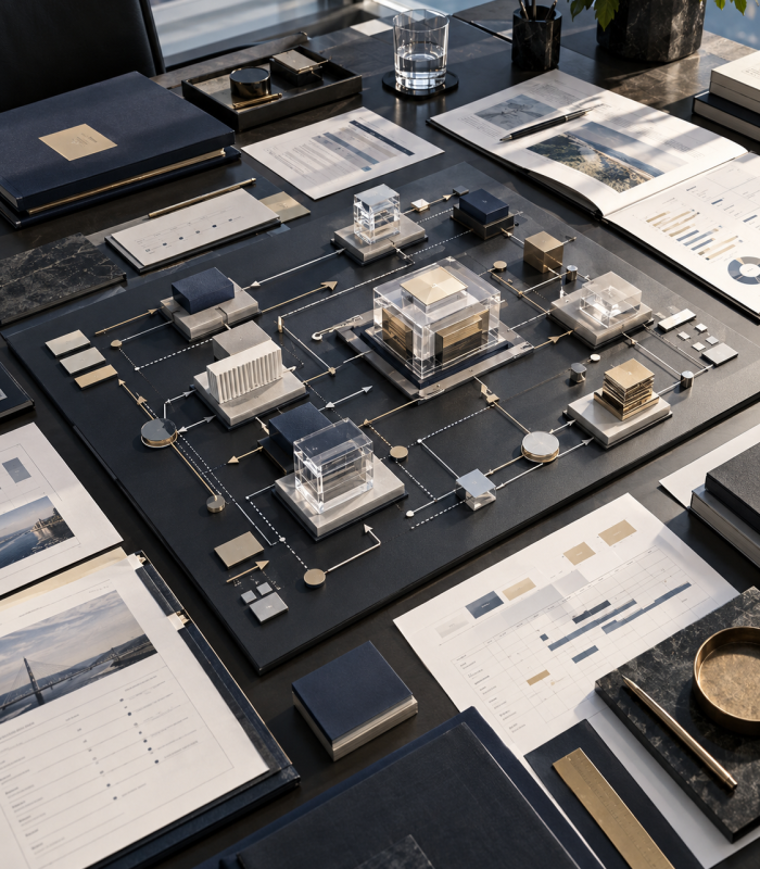 Model of connected project sites with deal documents on a table