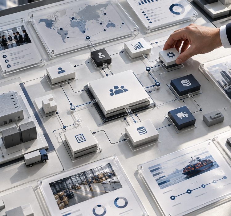 Hands arranging technology architecture diagrams on a table