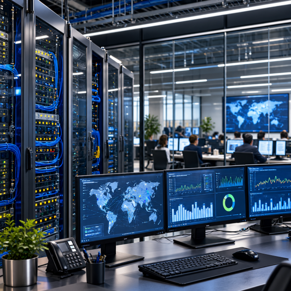 Technology operations room with server racks and network dashboards