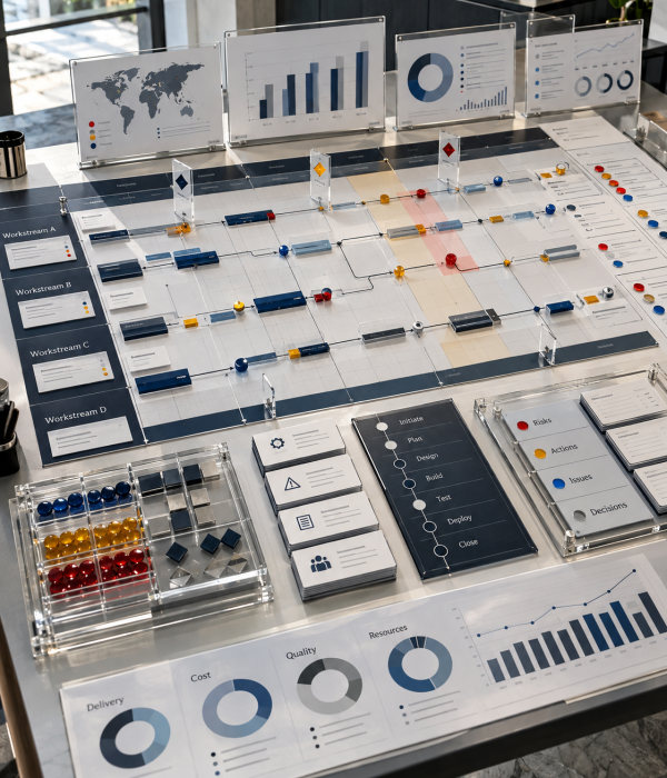 Project delivery board with timelines, milestones and KPI charts