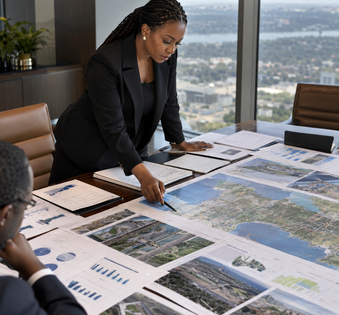 Consultant reviewing project plans and maps at a table