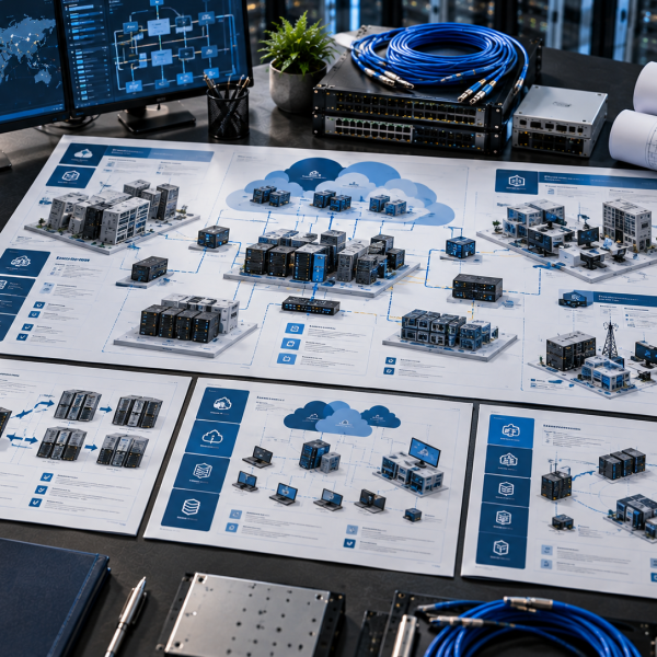 IT infrastructure and cloud diagrams laid out with network equipment
