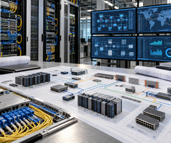 Network hardware and system diagrams beside monitoring screens