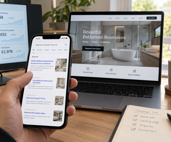 Search ad leading to a business landing page on a phone and laptop