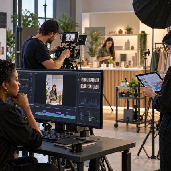 Team filming and editing social media content in a studio