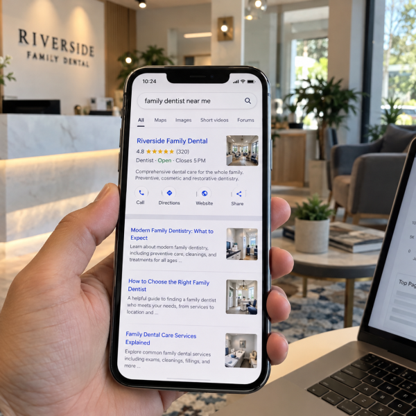 Person viewing local search results for a business on a phone