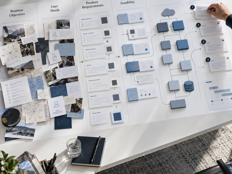 Product planning board with wireframe cards on a table