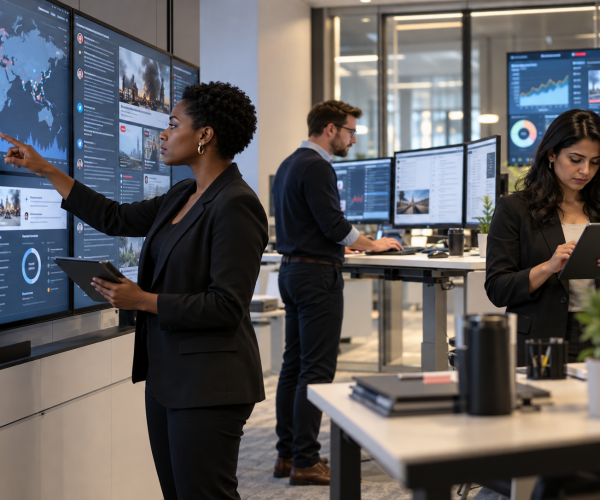 Team monitoring online reputation dashboards on large screens