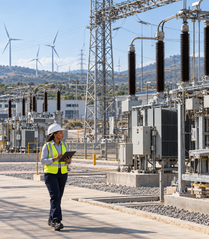 Engineer walking through an electrical substation with wind turbines behind