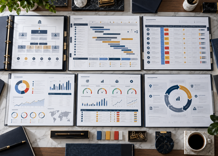 Delivery reports and KPI dashboards laid out on a table