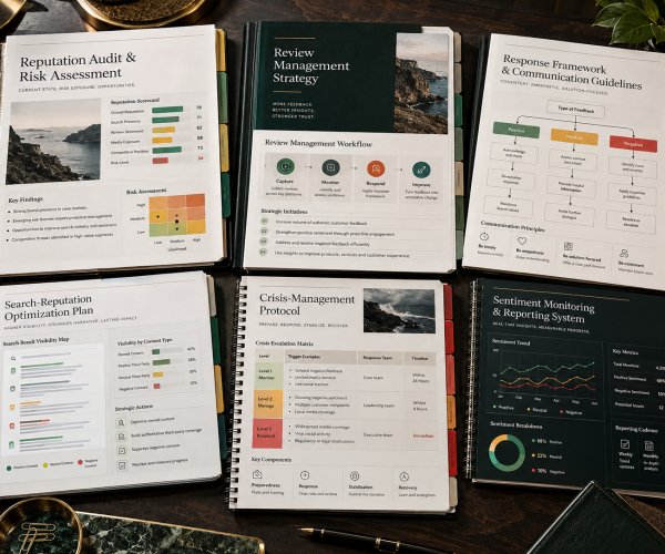 Reputation audit and review management reports on a desk