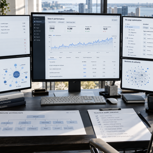SEO performance dashboards on monitors with keyword plans