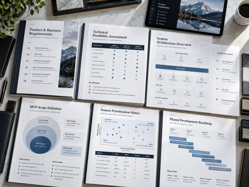Discovery reports and project plans laid out on a desk