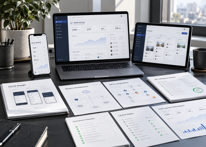 MVP dashboard on a laptop, tablet and phone with printed plans
