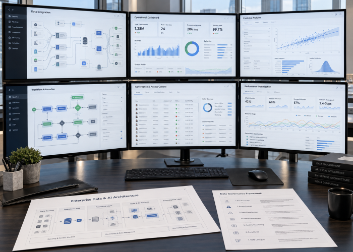 Operations dashboards and process diagrams on several monitors