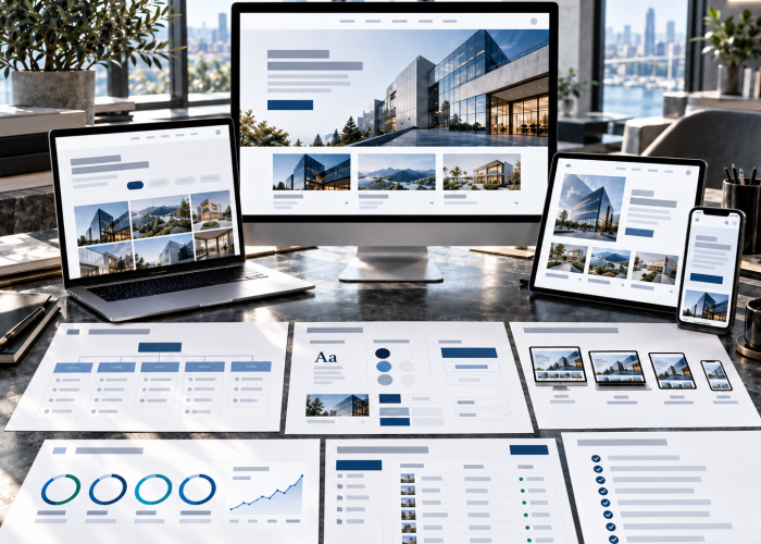 Website pages and design system shown across several devices