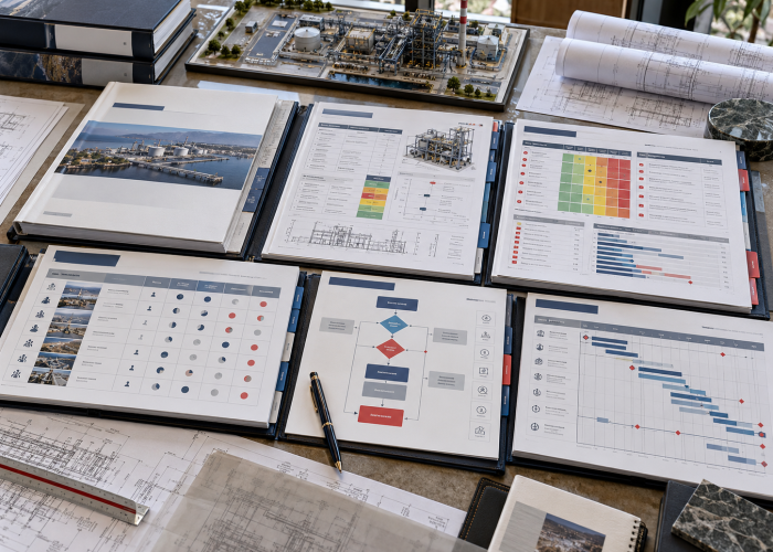 Diligence reports, risk ratings and site photos on a table
