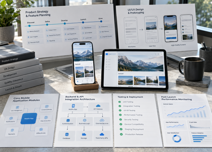 App strategy and architecture plans with an app on a phone and tablet