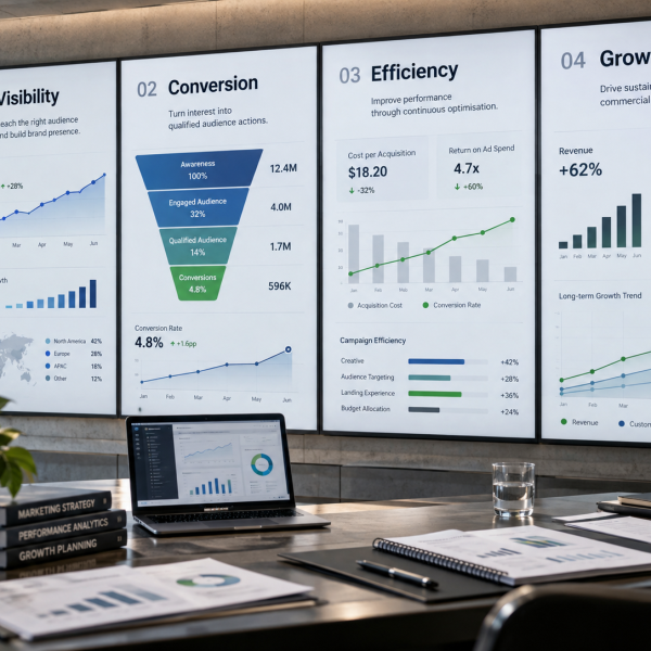 Marketing results dashboard showing visibility, conversion, efficiency and growth