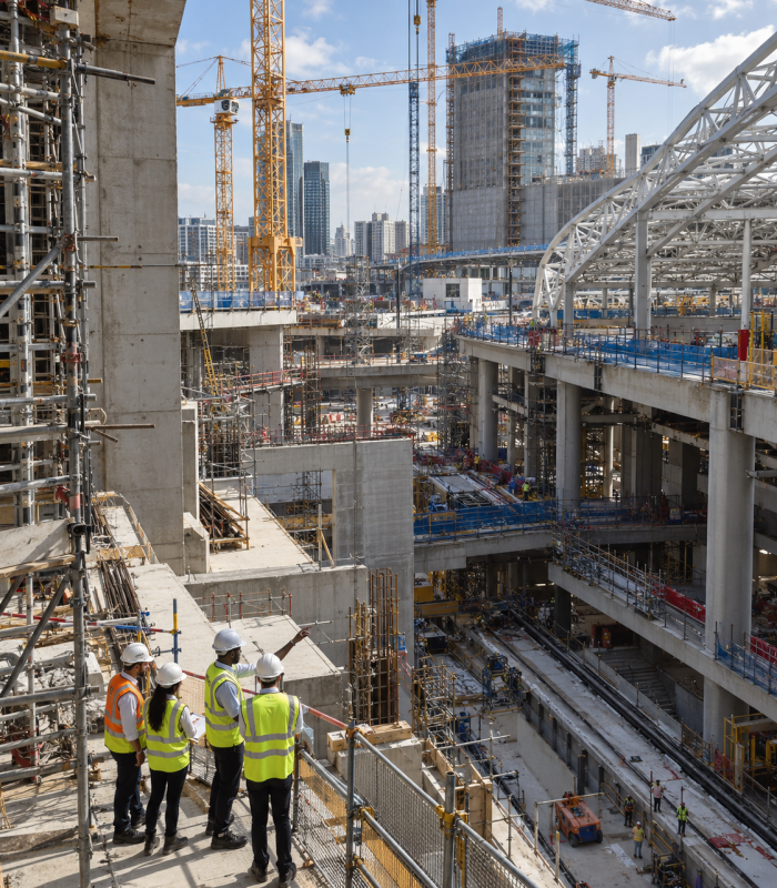 Engineers in hard hats on a large construction site