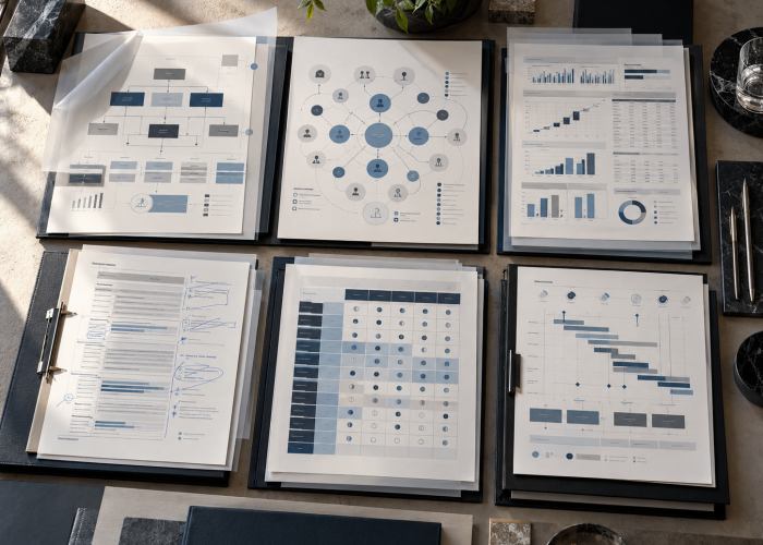 Deal structuring documents and charts laid out on a table