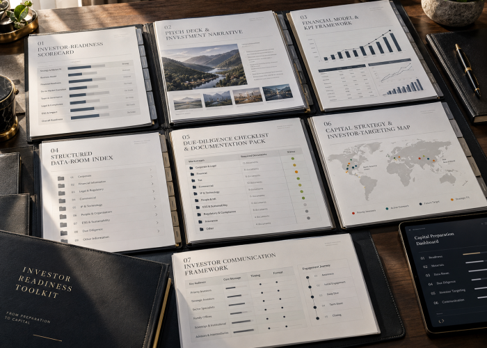 Investor readiness toolkit documents laid out on a table