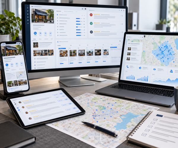 Business profile, map and review dashboards on several devices