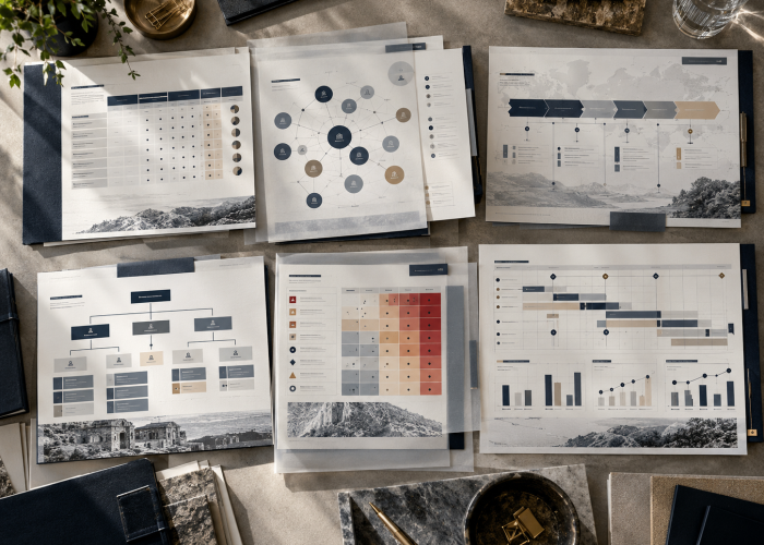 Market entry reports and charts laid out on a desk