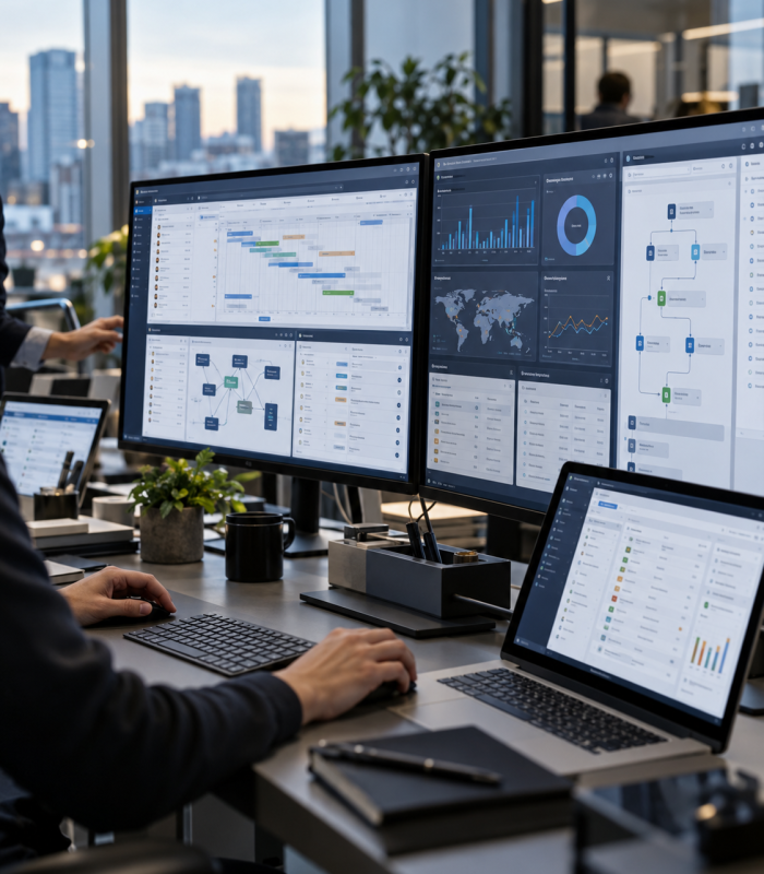 Developer working on software dashboards across several monitors