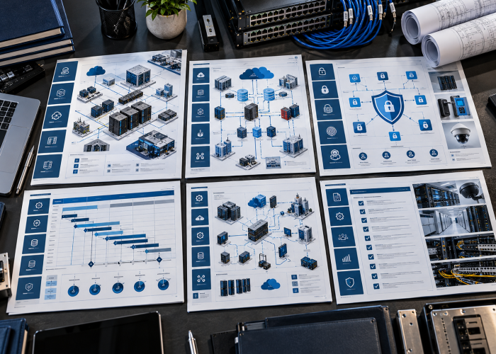 ICT security and network design documents on a desk
