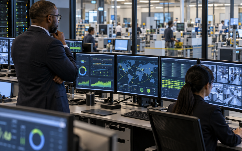 Team monitoring screens in a network operations centre