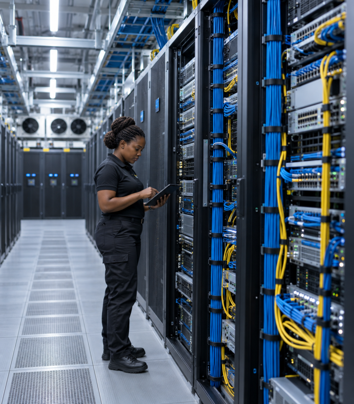 Engineer working in a data centre server aisle